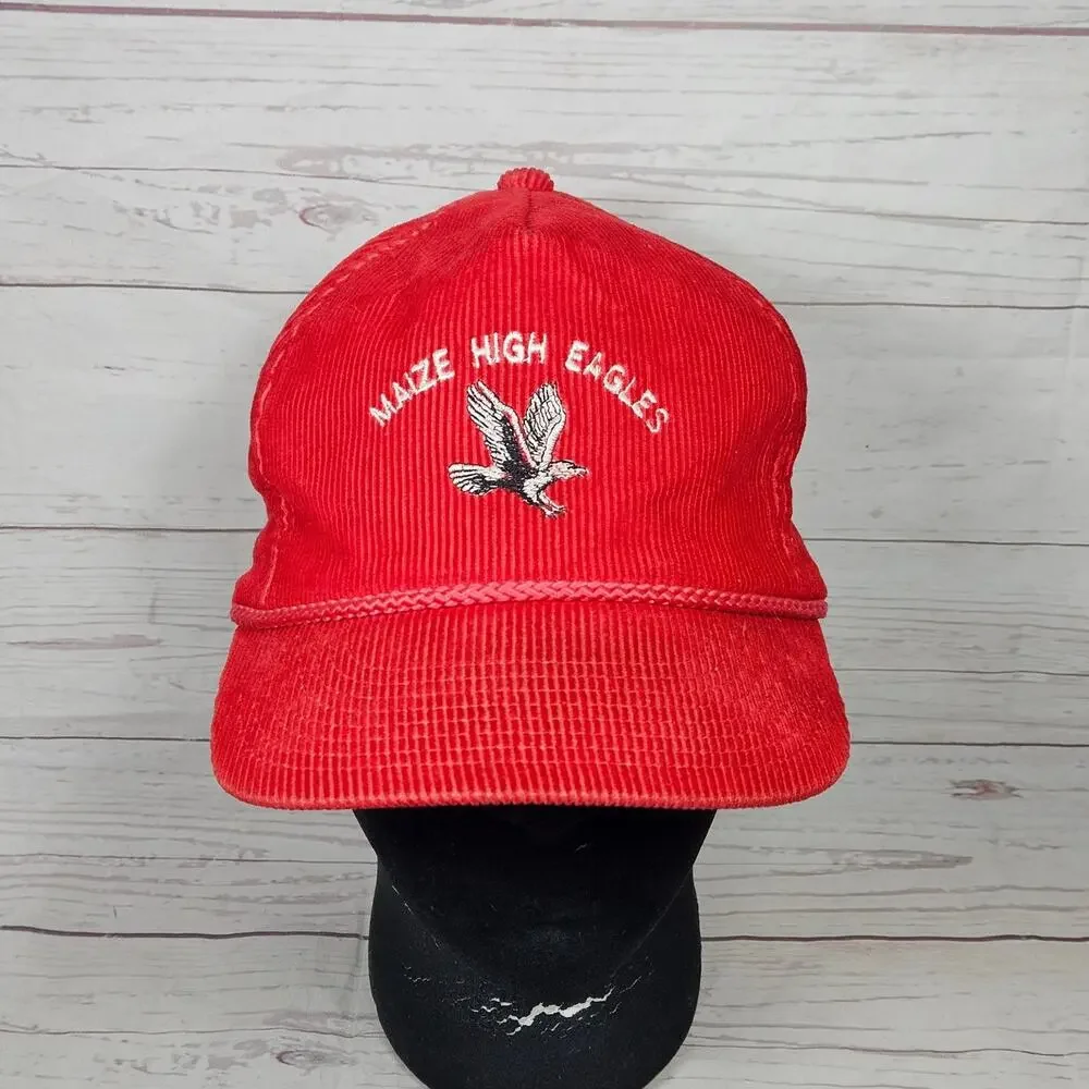 Vintage Maize Kansas High Eagles Hat YA Headwear Corduroy Snapback Red Rope